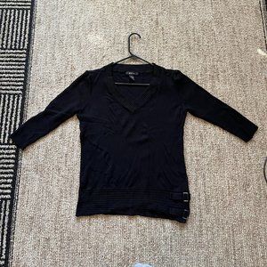Black V-neck Sweater 3/4 Sleeves Buckle Detail Ribbed XL